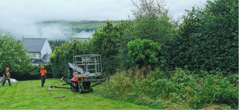 Gallery #10 A cherry picker access platform parked next to a tall hedge with two workers in orange hi-vis nearby on a misty hillside.