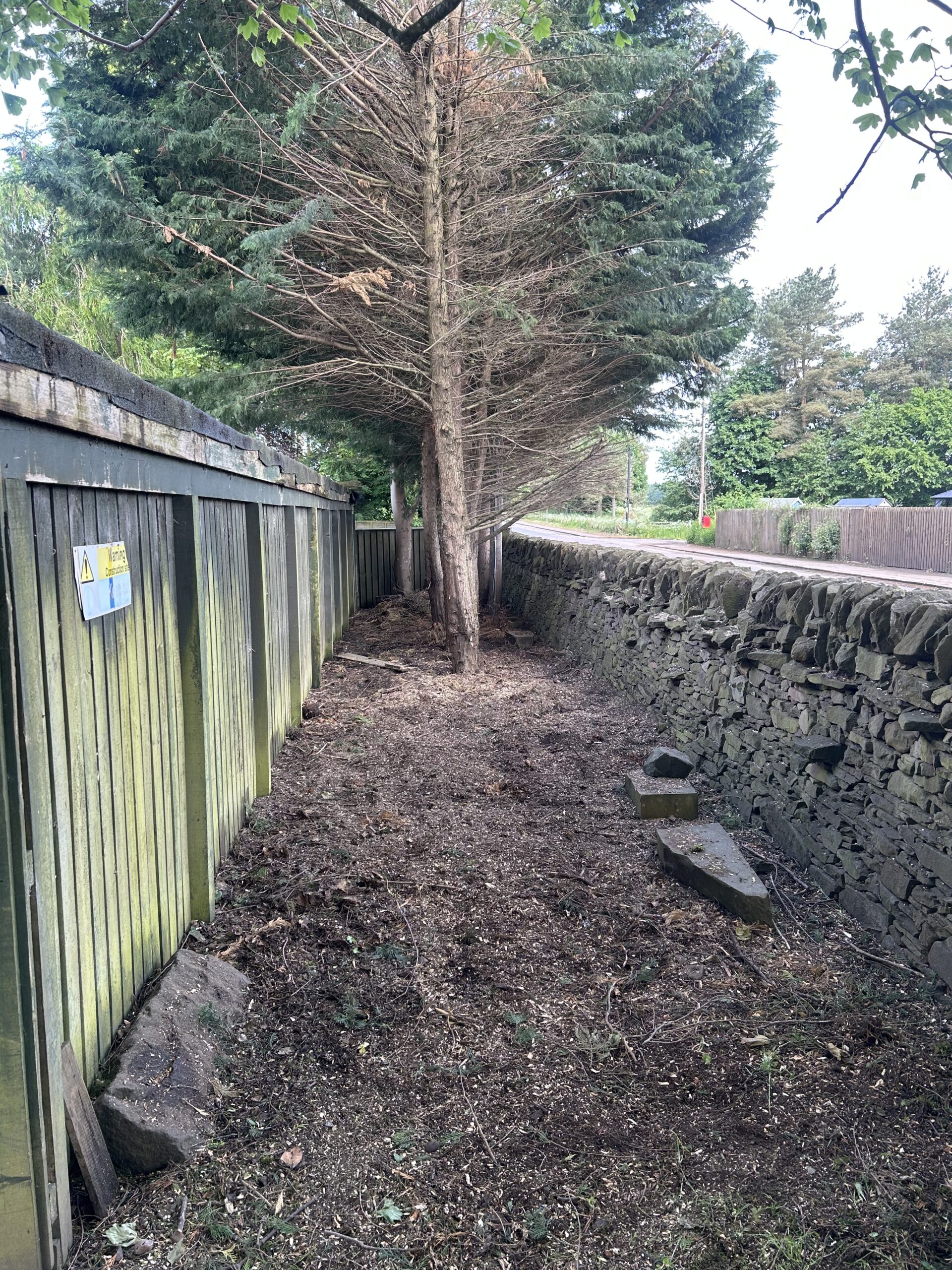 Cleared ground covered in woodchip and mulch running alongside a stone wall and timber fence after site clearance.
