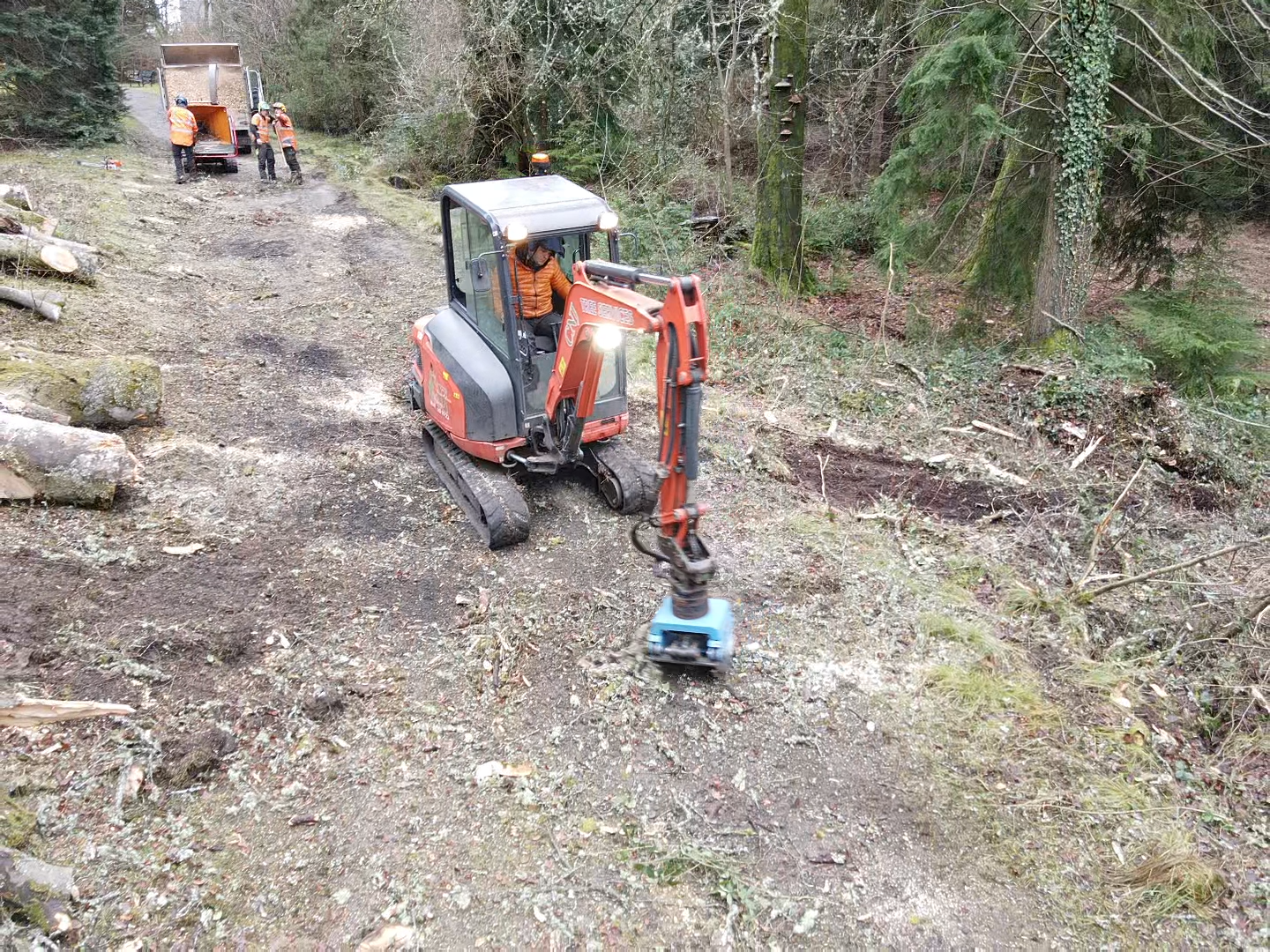 A mini excavator fitted with a grapple attachment manoeuvring through cleared woodland alongside a loaded chipper truck.