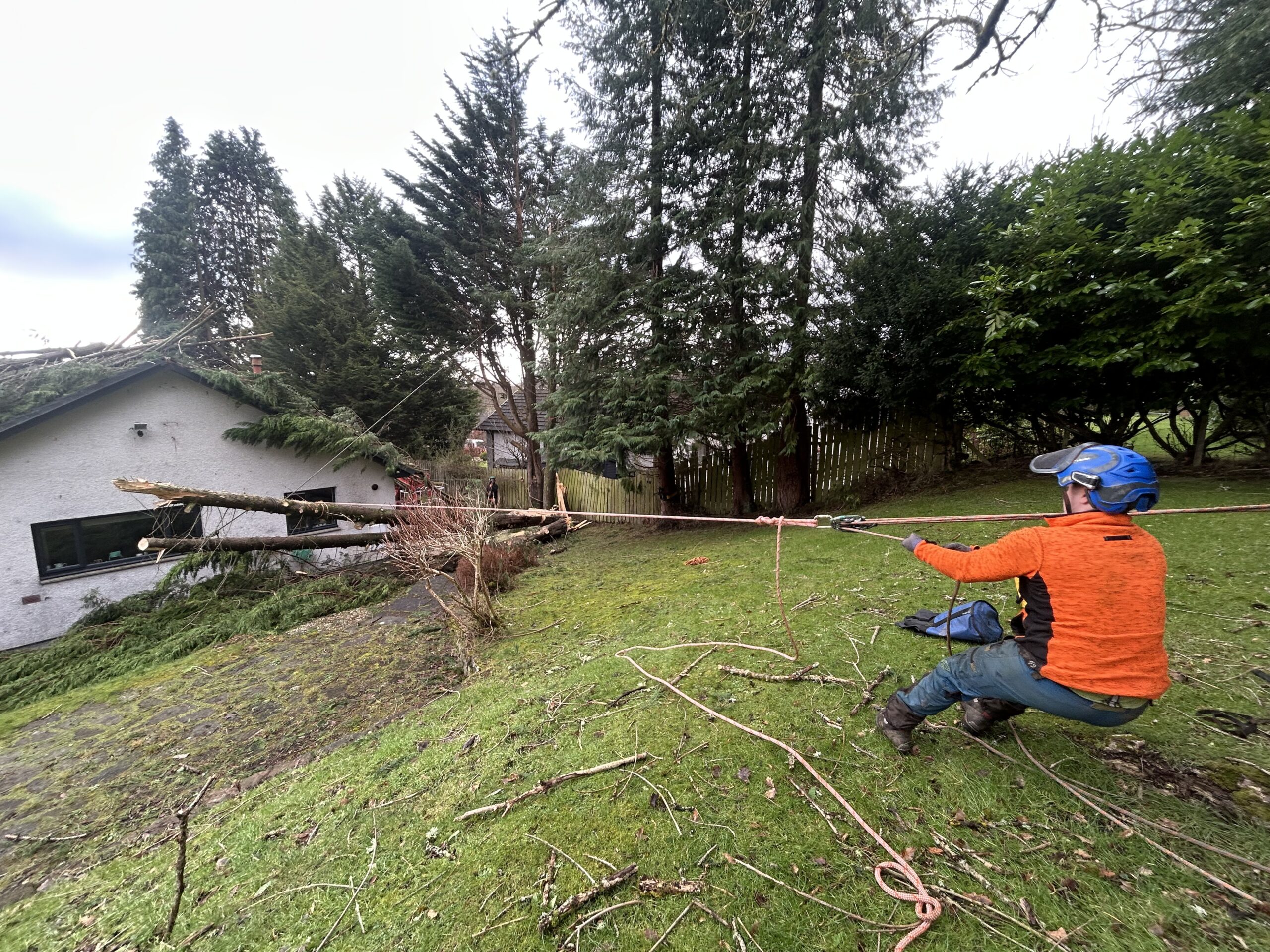 A tree surgeon in an orange jacket uses a rigging rope to lower cut branches away from a house roof.