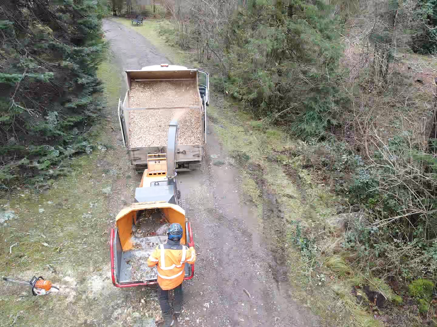 A worker in hi-vis clothing operates a wood chipper, loading a truck with wood chippings on a woodland path.